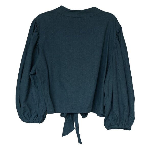 Mare Sole Amore Linen Blouse Crop Boxy Puff Sleeve Peasant Romantic Button Top - Picture 2 of 10